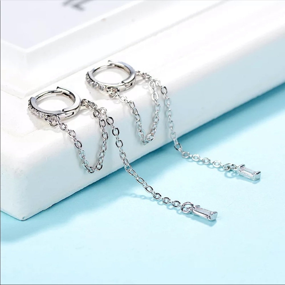 Dainty Crystal Tassel Huggie Hoops - Picture 3 of 5